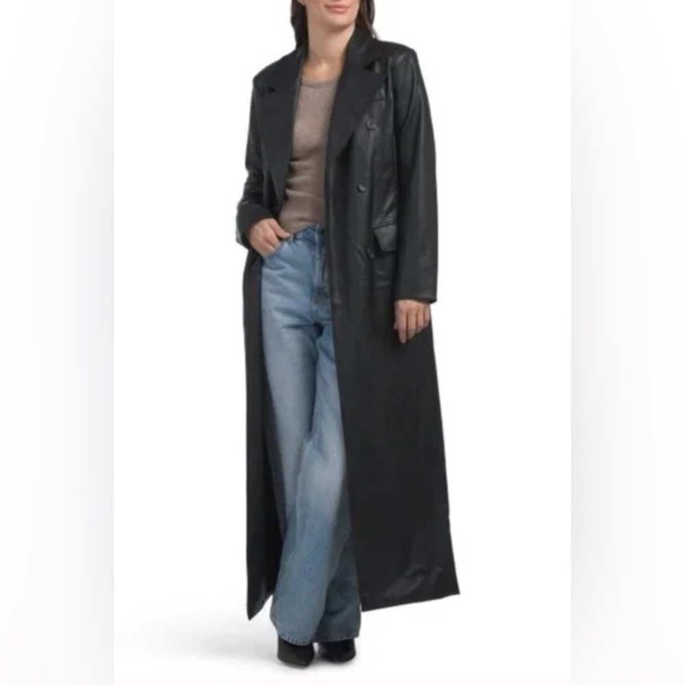 7 for All Mankind Long Black Faux Leather Trench